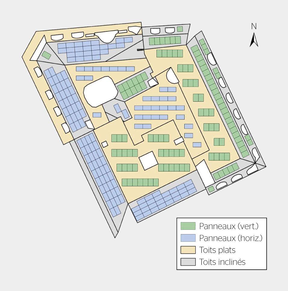 <strong>Figure 2</strong> Installation virtuelle de panneaux photovoltaïques après retrait des superstructures du toit: la meilleure configuration de panneaux orientés verticalement et horizontalement est sélectionnée.