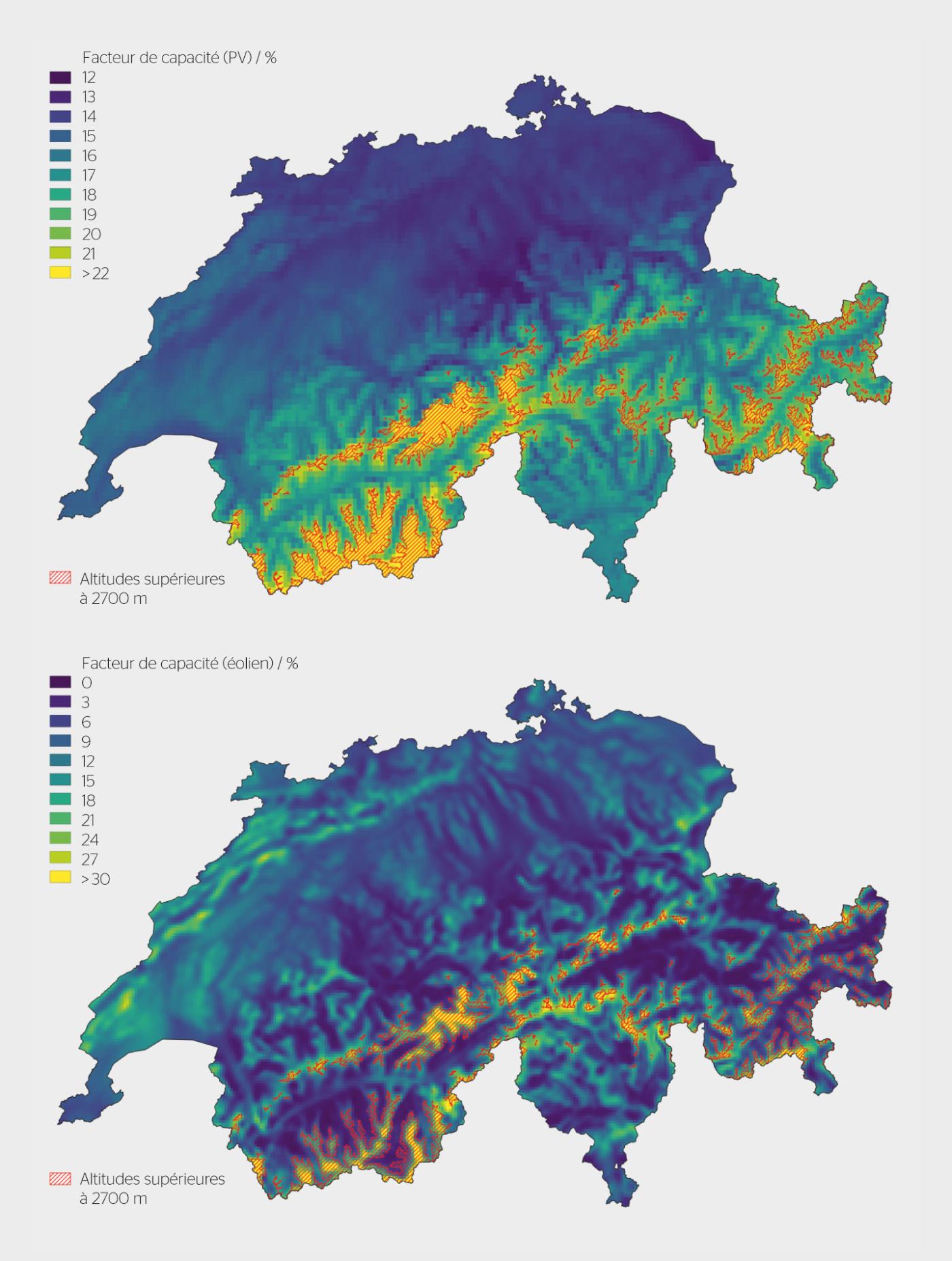 <strong>Figure 1</strong> Distribution spatiale des facteurs de capacité pour le photovoltaïque (en haut) et l’éolien (en bas). La résolution spatiale est basée sur les modèles utilisés respectivement pour les calculs: 1,6 km x 2,3 km pour l’énergie solaire et 1,1 km x 1,1 km pour l’énergie éolienne. Les altitudes supérieures à 2700 m ont été exclues.