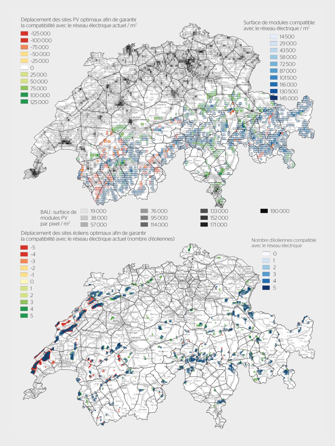<strong>Figure 4</strong> Sites sélectionnés suite à l’étude d’optimisation.  En haut: surface des modules PV (m<sup>2</sup>). En bas: nombre d’éoliennes. En bleu: production optimale et compatibilité avec le réseau électrique. En rouge: production optimale, mais pas de capacité de réseau suffisante. En vert: sites alternatifs qui peuvent être desservis par le réseau électrique existant.