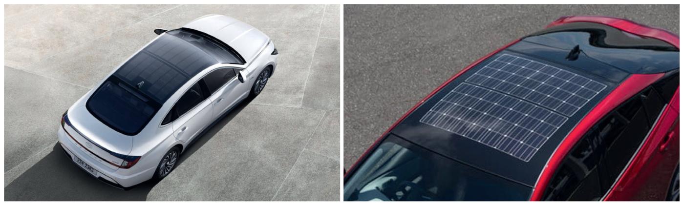 <b>Figure 1</b> Le toit solaire est aujourd’hui disponible et peut être trouvé en option sur les véhicules hybrides produits en série tels que la Hyundai Sonata (à gauche) ou la Toyota Prius (à droite).