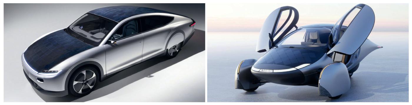 <b>Figure 2</b> Prototypes de start-up orientées vers le marché des véhicules électriques solaires avec la One de Lightyear (à gauche), et la voiture Aptera de la start-up américaine du même nom (à droite).