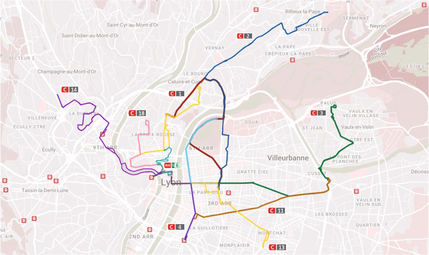 <b>Figure 1</b> Extrait du réseau de trolleybus actuel de la ville de Lyon.