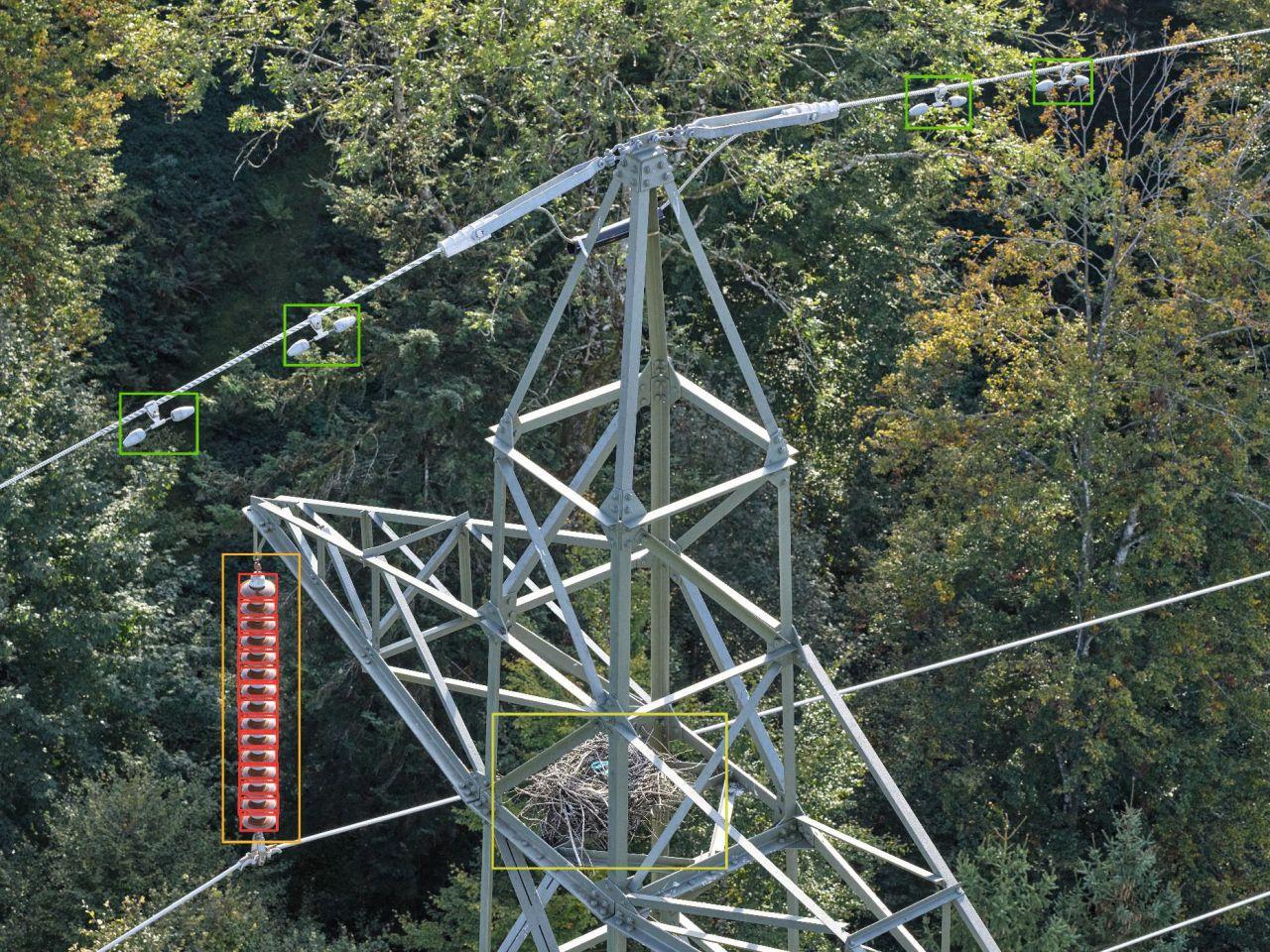 Outre les isolateurs, les programmes de détection des défauts peuvent également détecter les amortisseurs de vibrations (en vert) et les nids d’oiseaux (en jaune).